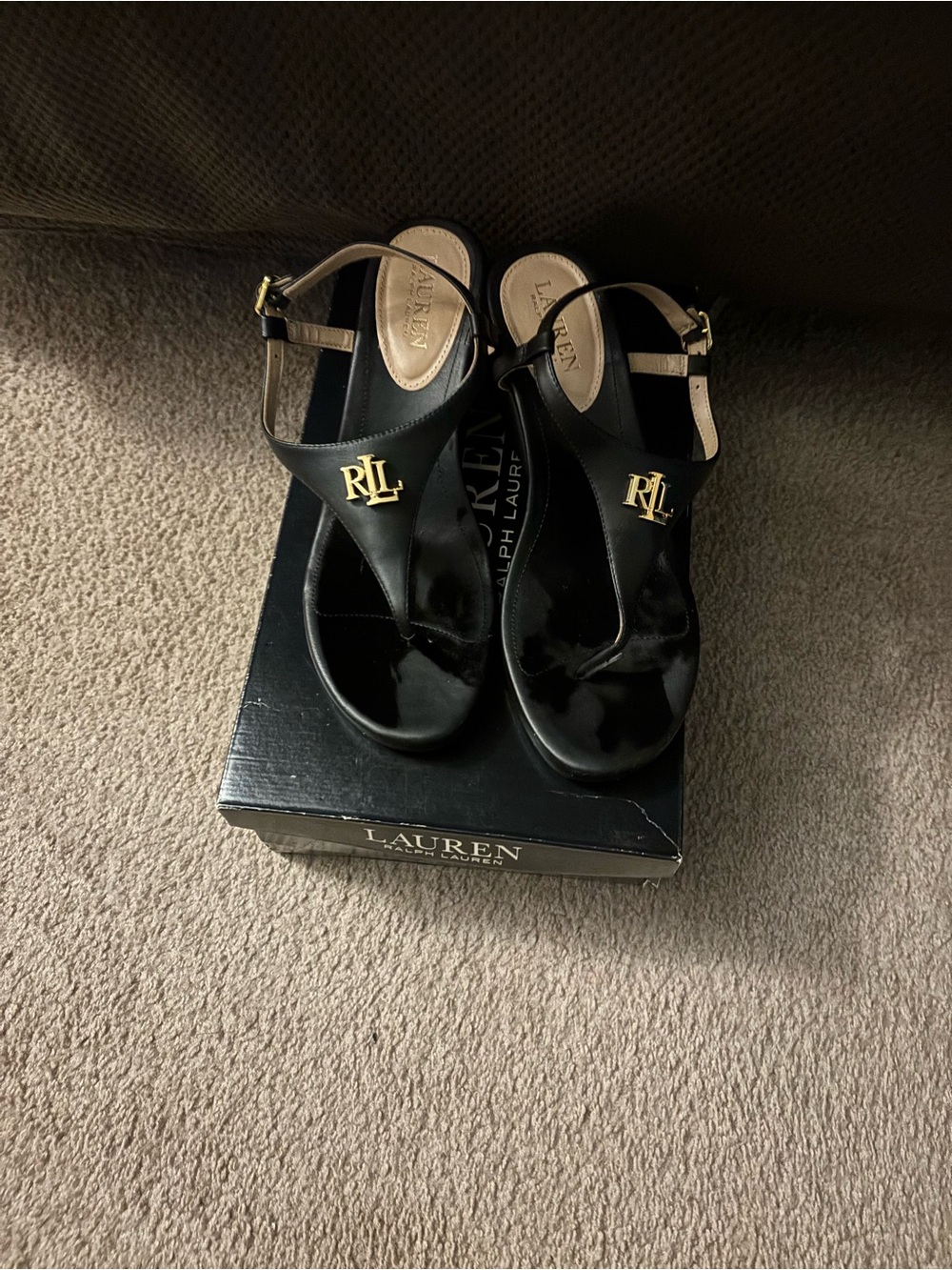 Lauren Ralph Lauren Black Patent Wedge Sandals with Gold RL Accent